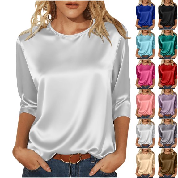 Bmisegm 3/4 Sleeve Tops for Women Classic Fit Casual Crew Neck Solid Pullover T Shirt Everyday Style Womens Casual Tops White XXL
