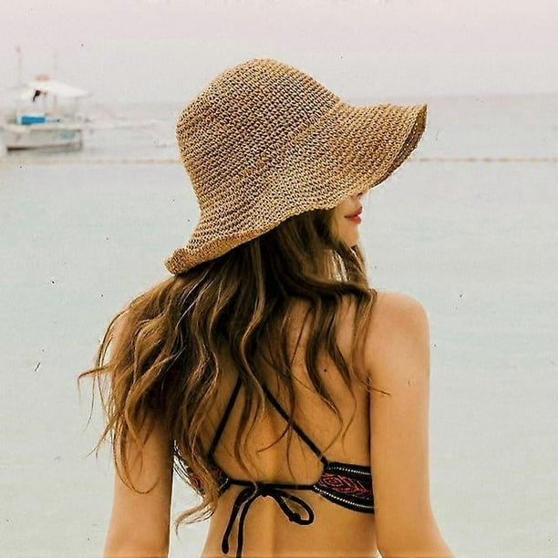 Sombreros de sol para mujer, sombrero de playa de verano de ala ancha para mujer, sombrero de paja de viaje plegable para mujer