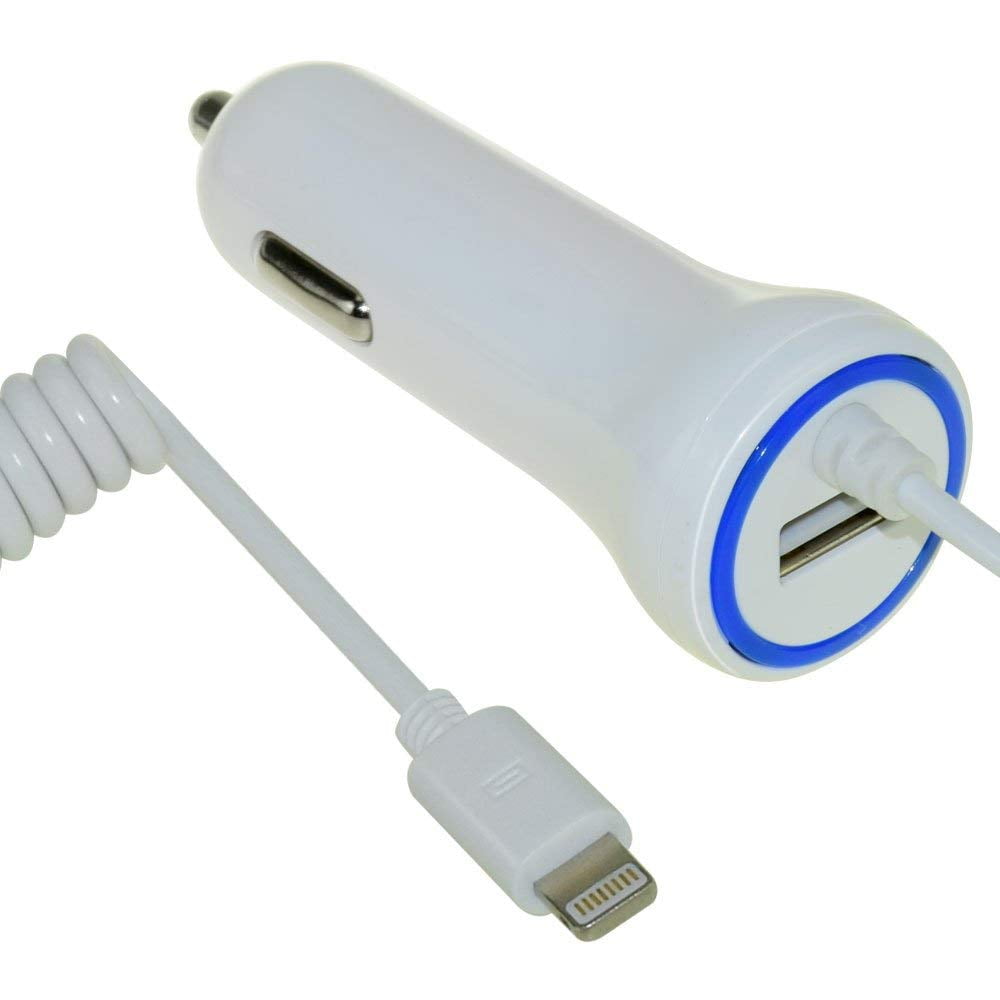 iPhone Car Charger,24W Rapid USB Car Charger with Coiled Lightning