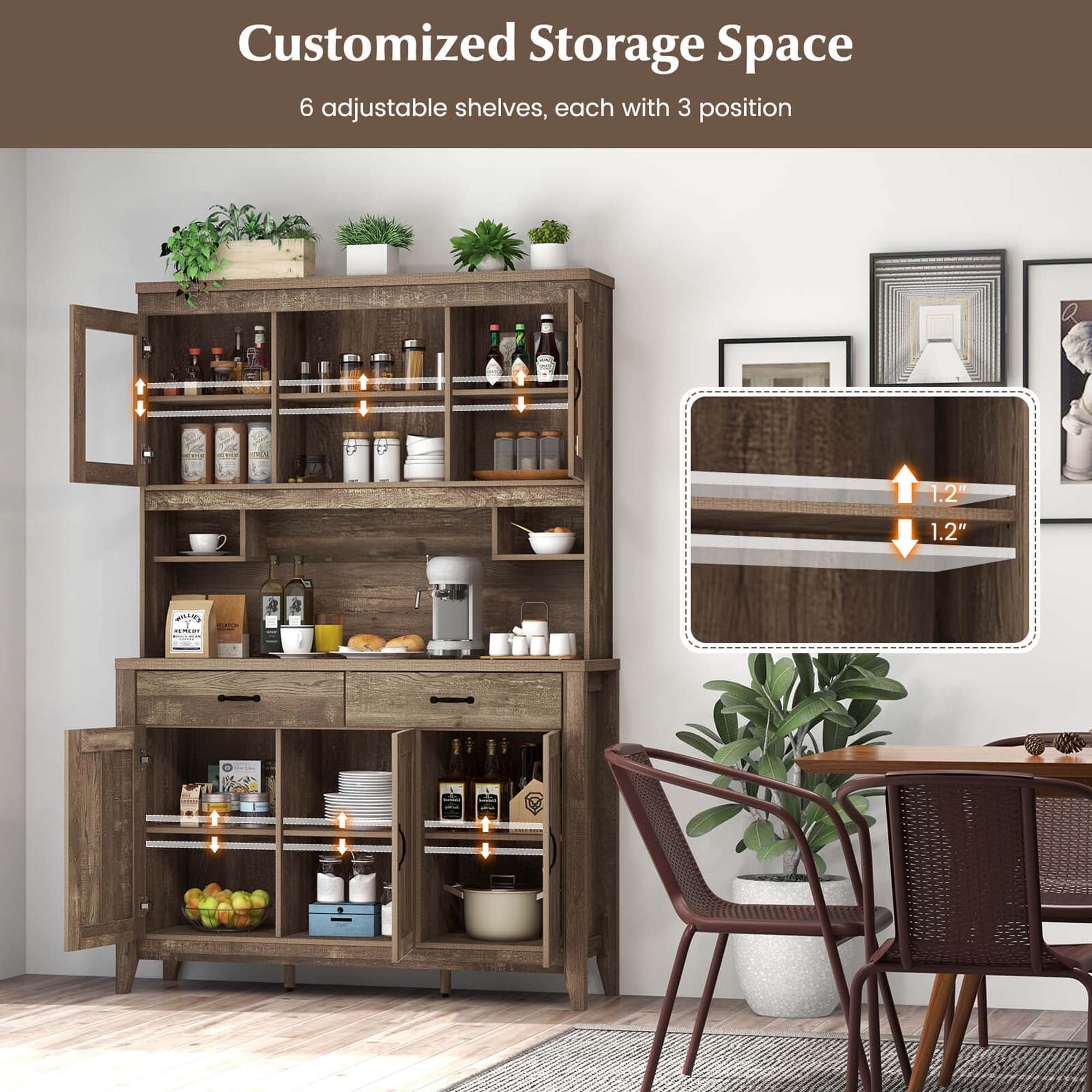 Costway Kitchen Pantry Cabinet with Microwave Countertop Double Glass Doors 2 Drawers