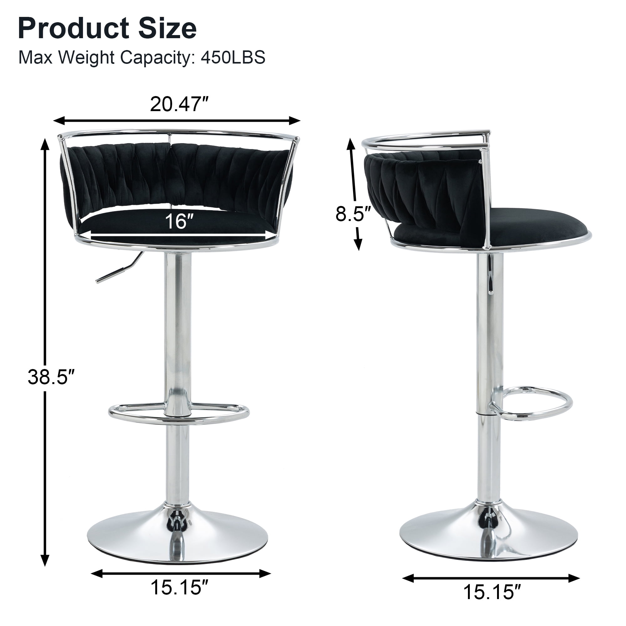 UIXE 360° Swivel Bar Stools Velvet Upholstered Adjustable Bar Chairs Set of 4 Silver Metal Barstool with Back & Footrest for Home and Kitchen, Black