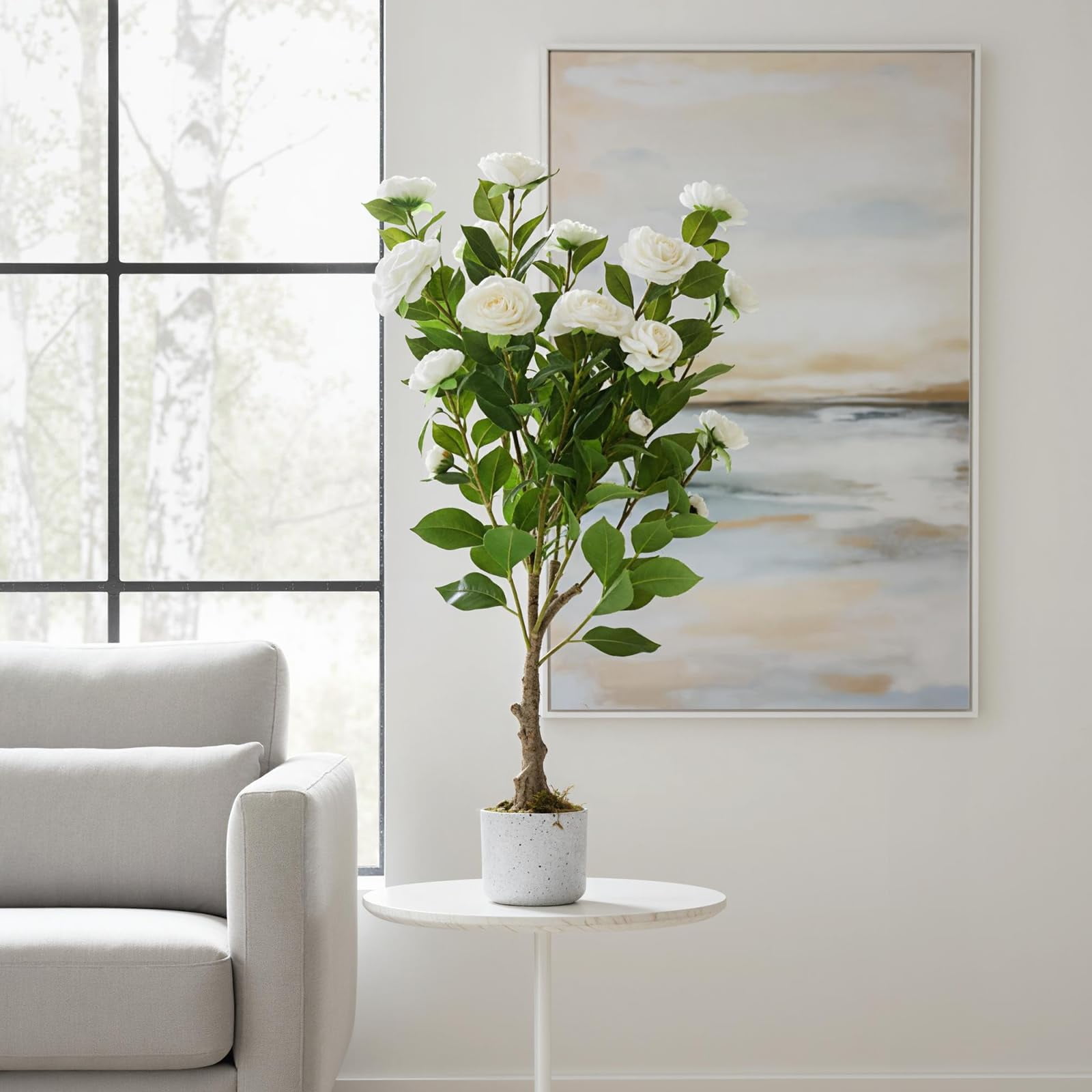 2.8FT Artificial Camellia Tree, Realistic Faux Plant in Pot with Flowers, Artificial Plants for Spring Home Decor Outdoor Porch Front Door Decor