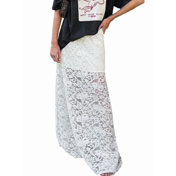 Women'S Elastic High Waisted Flowy A-Line Maxi Lace Skirt Summer Casual Long Skirts White S
