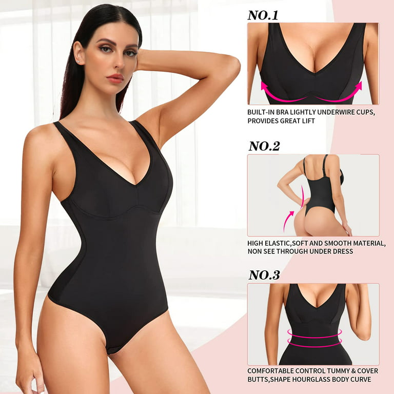 COMFREE Sexy Slimming Bodysuit Tummy Control Thong Shapewear Backless Body  Shaper Deep V Neck