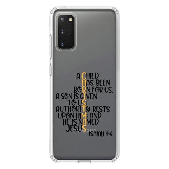 DistinctInk Clear Shockproof Hybrid Case for Galaxy S20 PLUS / 5G (6.7" Screen) - TPU Bumper Acrylic Back Tempered Glass Screen Protector - Christmas - Isaiah 9:6 - Black Yellow