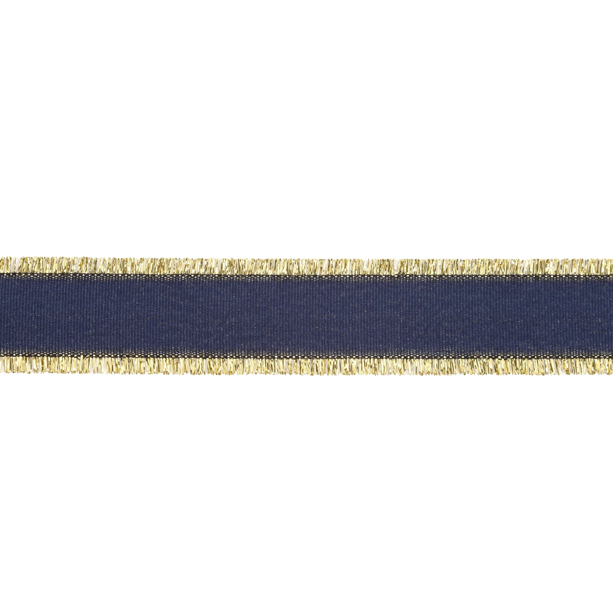 LaRibbons 1" Textured Grosgrain Ribbon | Gold Metallic Fringe Navy | 25 Yard Roll