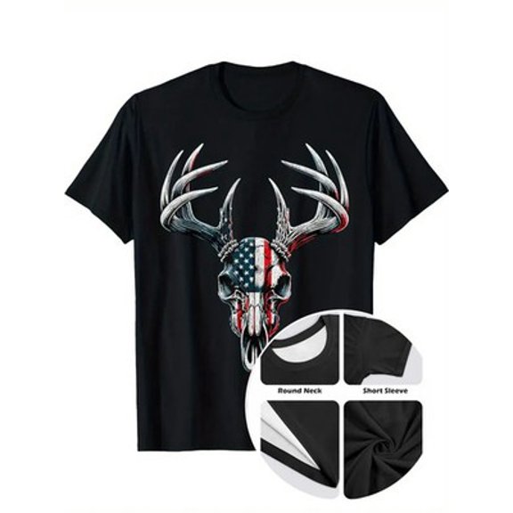 Velto Whitetail Deer Hunting - American Flag on Buck Skull Men's T-Shirt All Size S-5XL