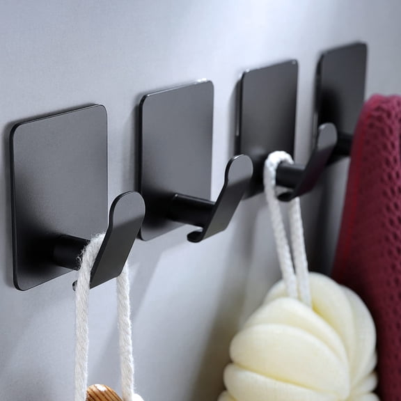 YIGII Adhesive Hooks - Black Towel Hooks 4 Packs Coat Robe Hooks Stainless Steel Wall Hooks Rustproof and Oil Proof for Kitchen Bathroom