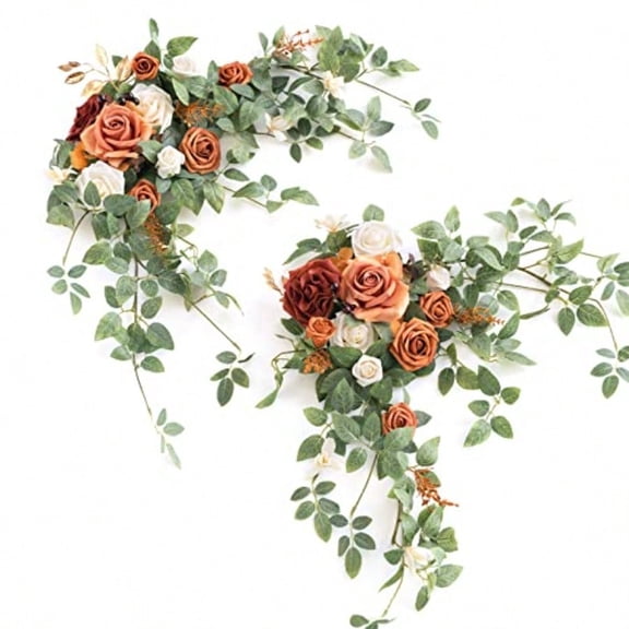 2PCS Terracotta Arch Flowers Artificial Floral Swags Centerpieces Wedding Decor Mantel Faux Burnt Orange Rose Garland Arrangements for DIY Sweetheart Table Wall Window Welcome Signs