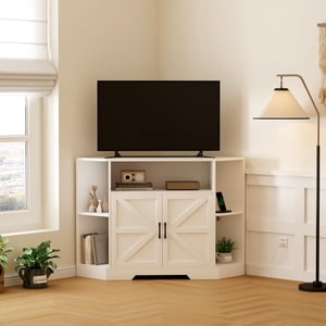 BeesClover Corner Tv Stand for Tvs Up to 55 in with Power Outlet, Modern Farmhouse Entertainment Center, Wood Tv Media Console with Storage Cabinets Shelves for Living Room