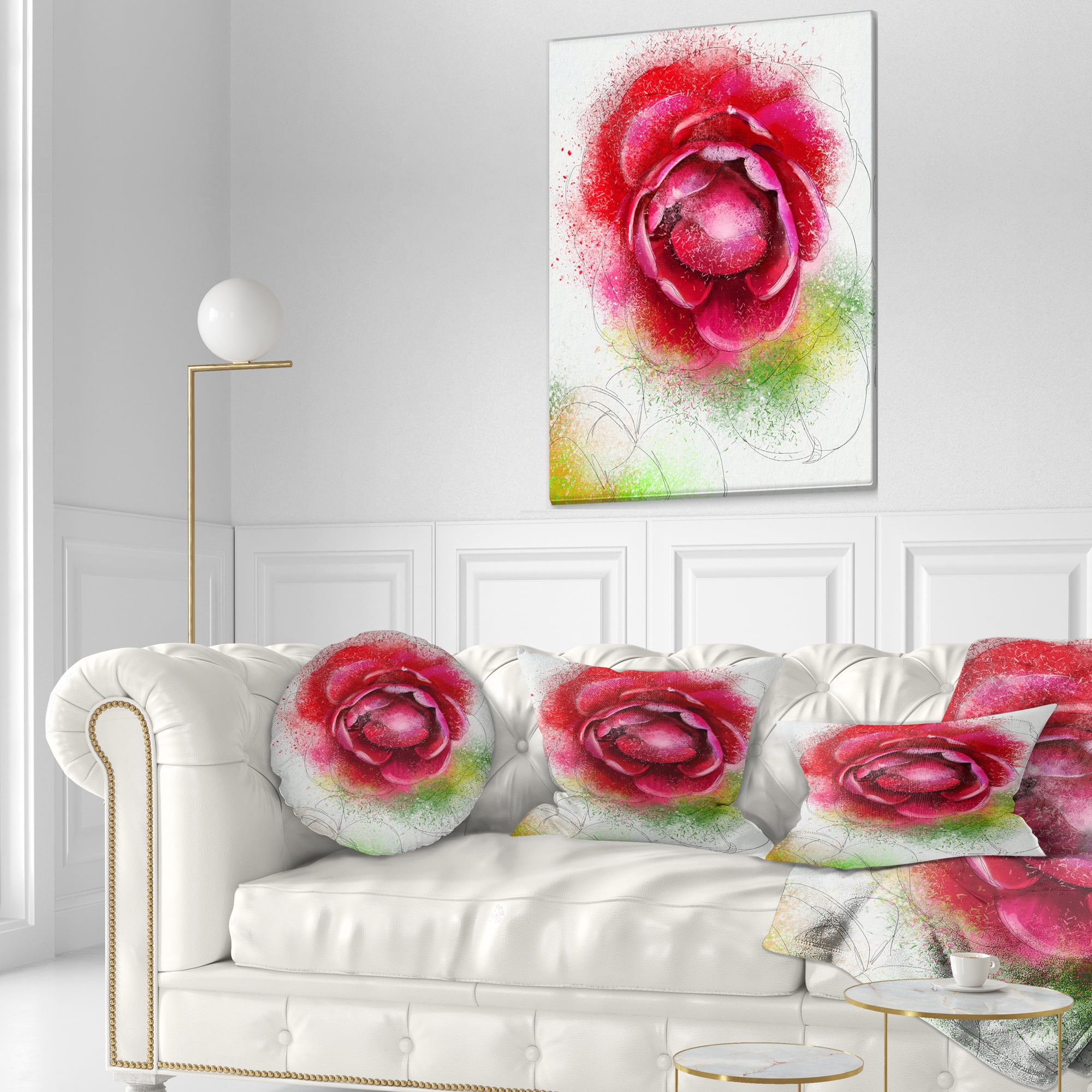 Designart Large Blooming Red Rose on White - Flowers Throw Pillowwork - 12x20