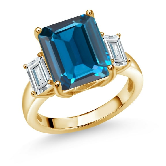 Gem Stone King 18K Yellow Gold Plated Silver 3-Stone Ring Set with Emerald Cut London Blue Topaz and Moissanite (8.66 Cttw, Size 5)