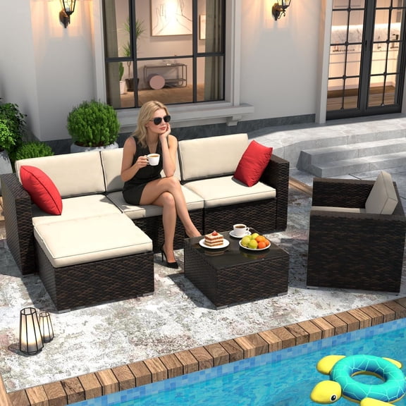 6-Piece Outdoor patio sofa set,Modular Sectional Sofa with Glass Coffee Table,PE Rattan Patio Conversation Set, All-Weather Furniture with Cushions & Pillows for Backyard, Deck(Brown-Beige)