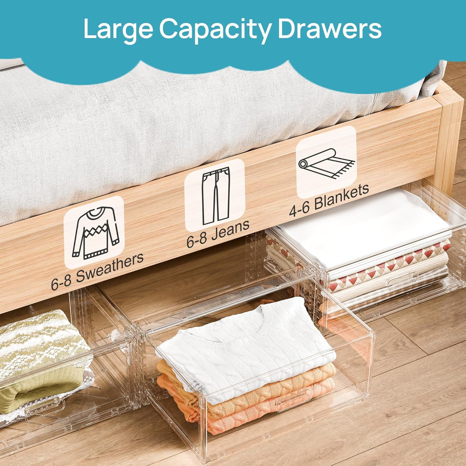JessieMal 2 Pack Large Clear Stackable Storage Drawers 27QT, Easily Assemble Plastic Closet Storage Bins, Dust-Proof UnderBed Organizer for Clothing, Sweater Organization