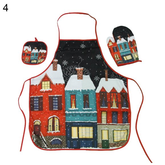 Koszal 1 Set Practical Insulated Glove Soft Wear Fabric Decorative Portable Hanging Christmas Apron Insulated Pad for Daily Use