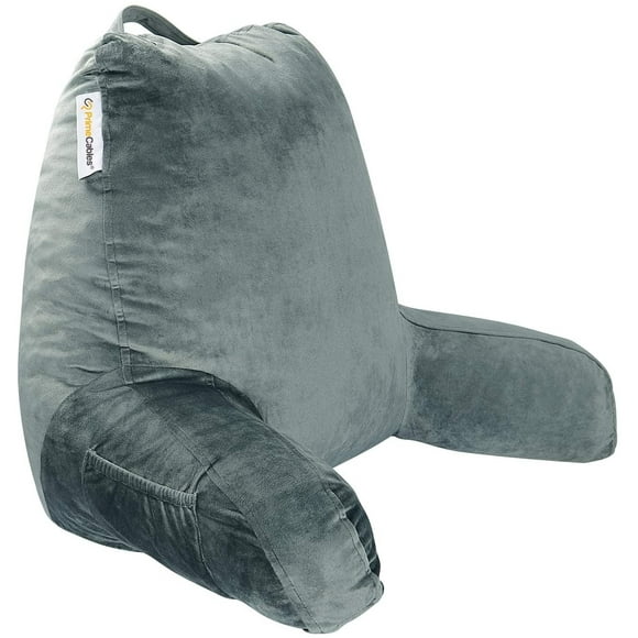 Memory Foam Reading Pillow for Bed Sitting Support, 18x15 inch Back Rest Pillow Sit-Up Lumbar Cushion with Arms and Side Pockets, Washable Velour Cover
