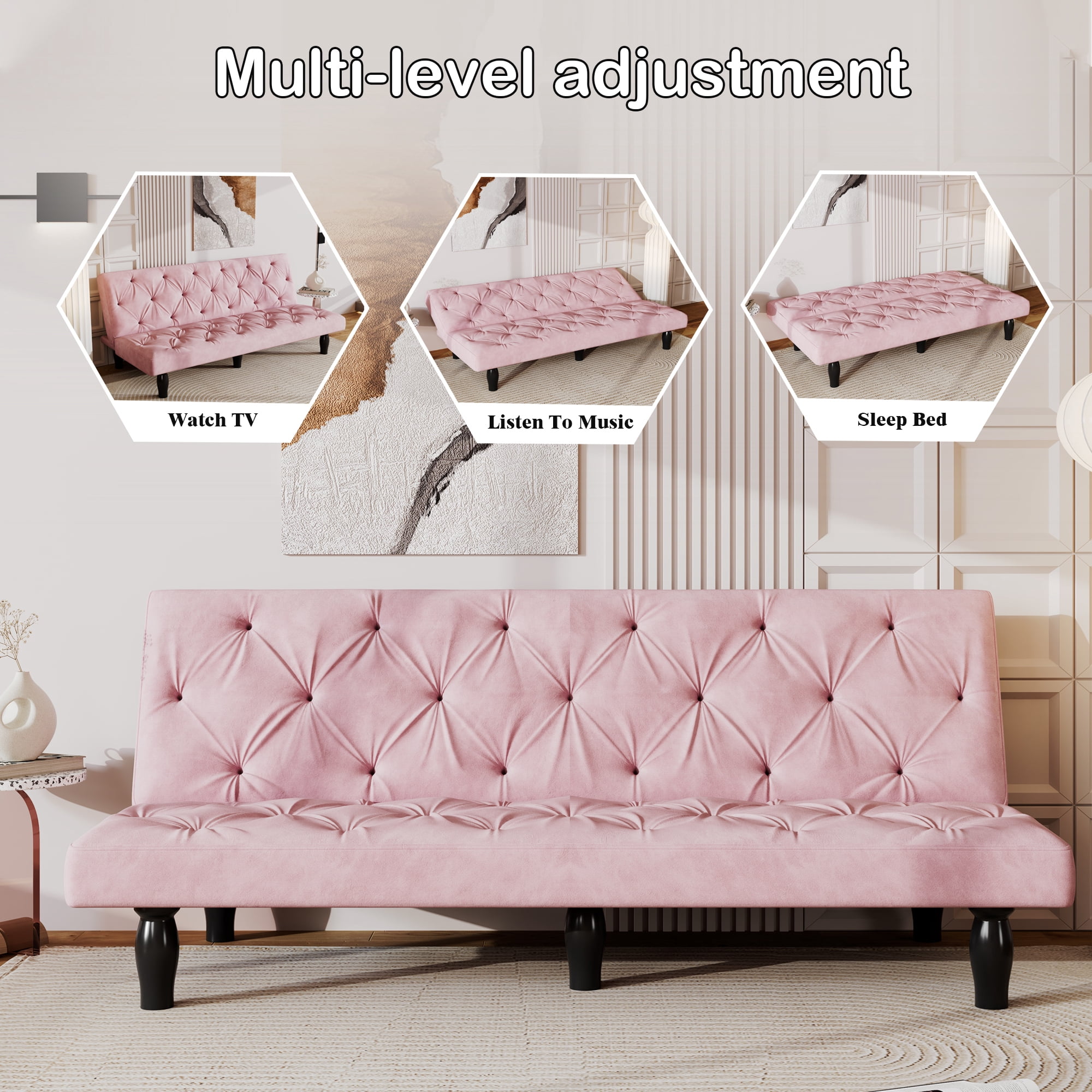 Jopath 66" 2-Seater Sofa Couches with Transforms Seamlessly, Velvet Sofa Bed for Apartments Living Room Bedroom Pink