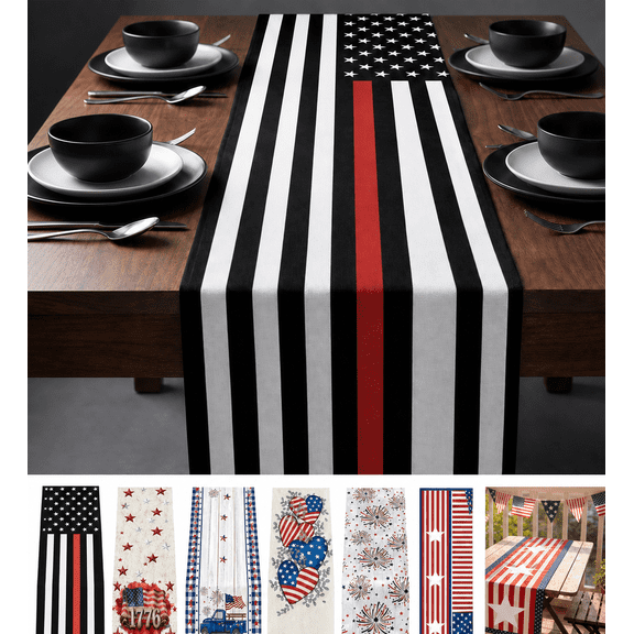 Chmadoxn 4th of July Independence Day Table Runner, 72 x 13 Inches Patriotic American Flag Linen Tablecloth, Vintage Truck Design for Memorial Day Kitchen Dining Table Decor