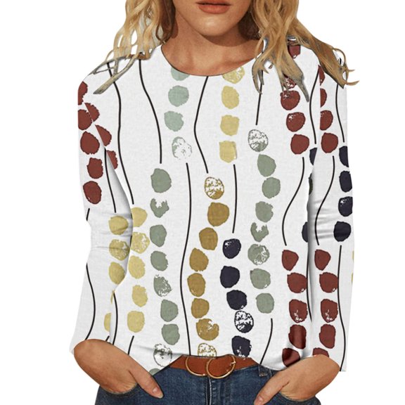 Women T Shirts Stylish Print Long Sleeve Crew Neck Top Casual Wear Womens Tees M
