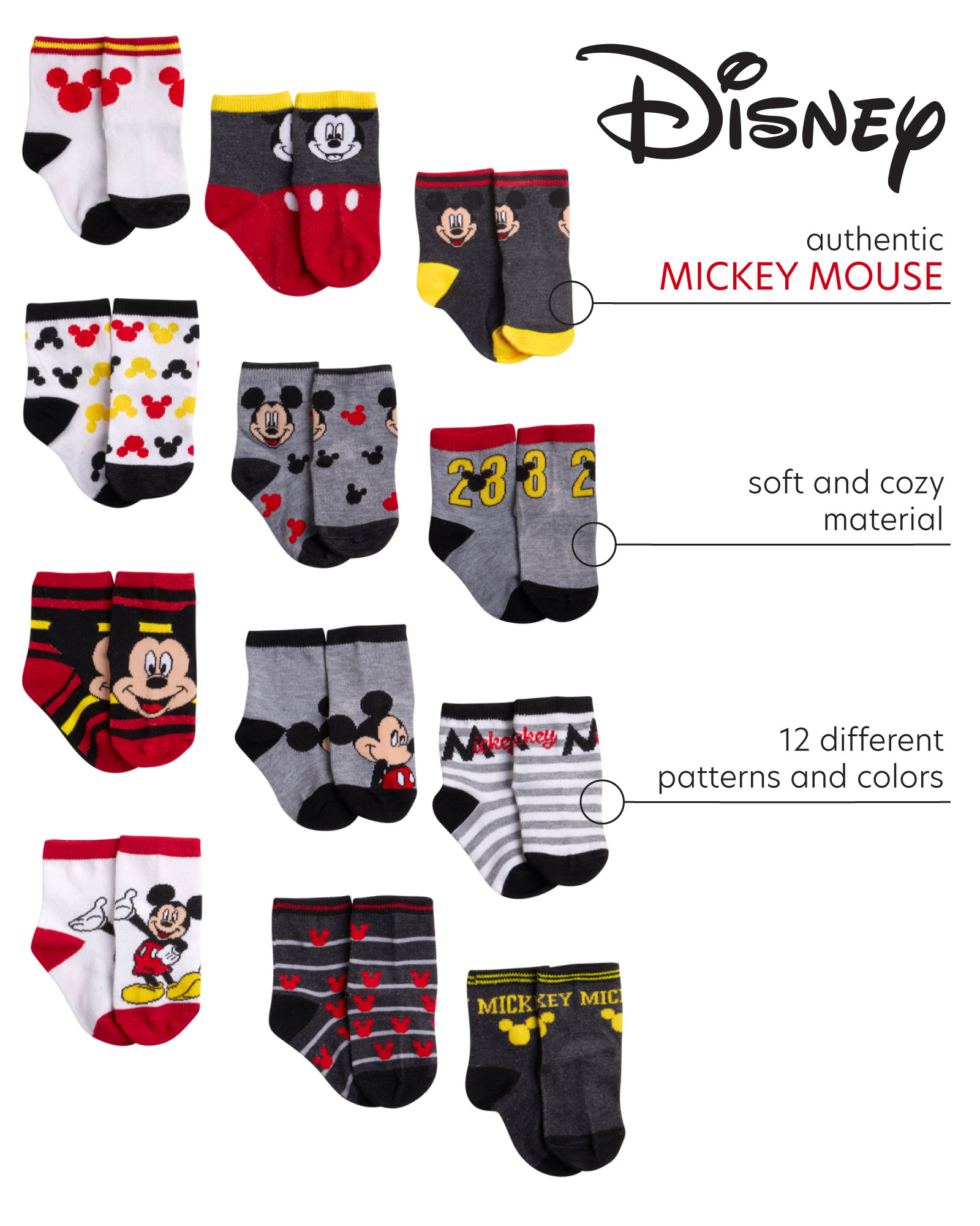 Disney Baby Boys Mickey Mouse Assorted Color Design 12 Pair Socks Set, Age 0-24 Months - image 2 of 5