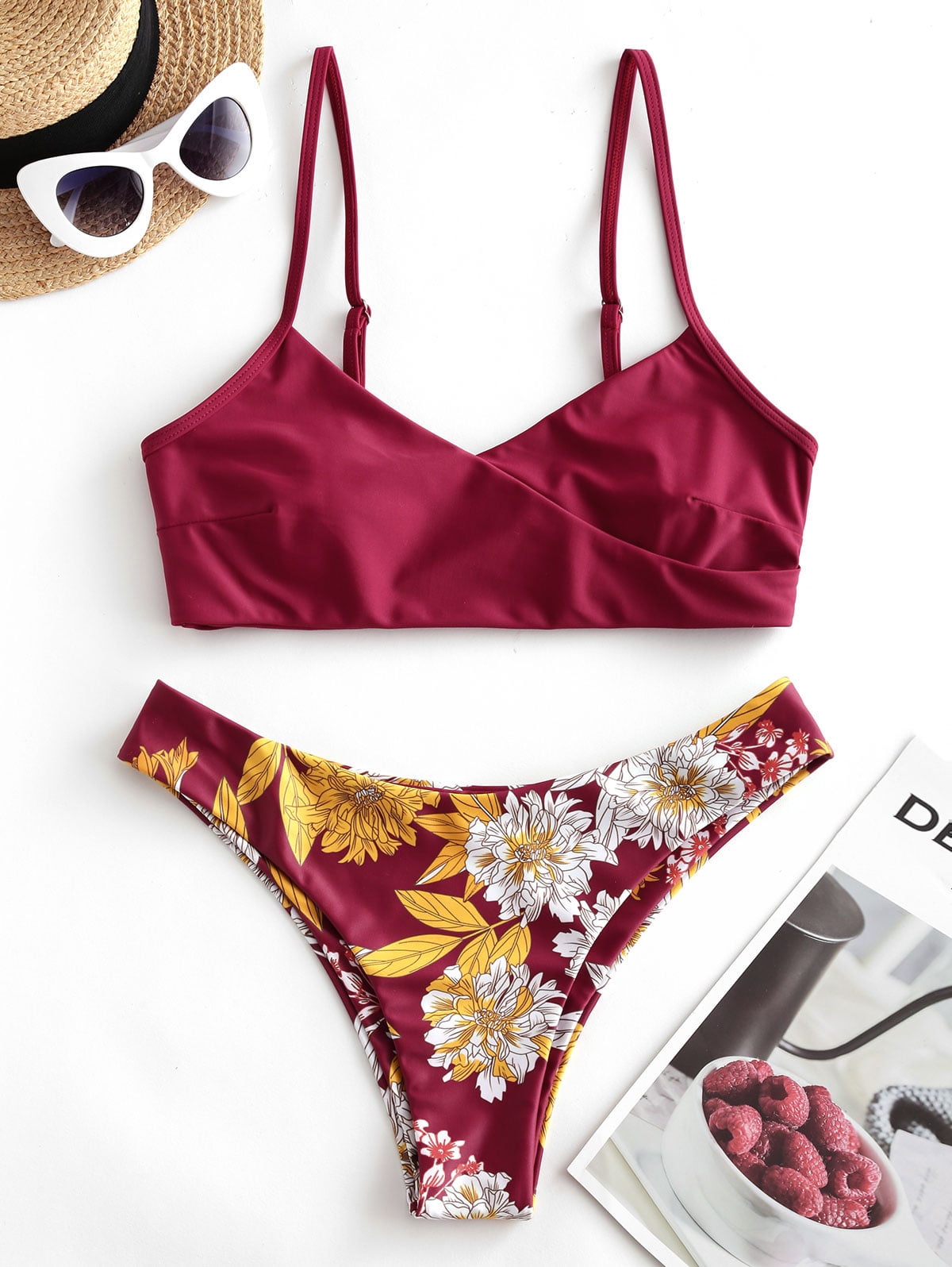 ZAFUL for Women Flower Print Surplice Bikini Swimsuit Plum