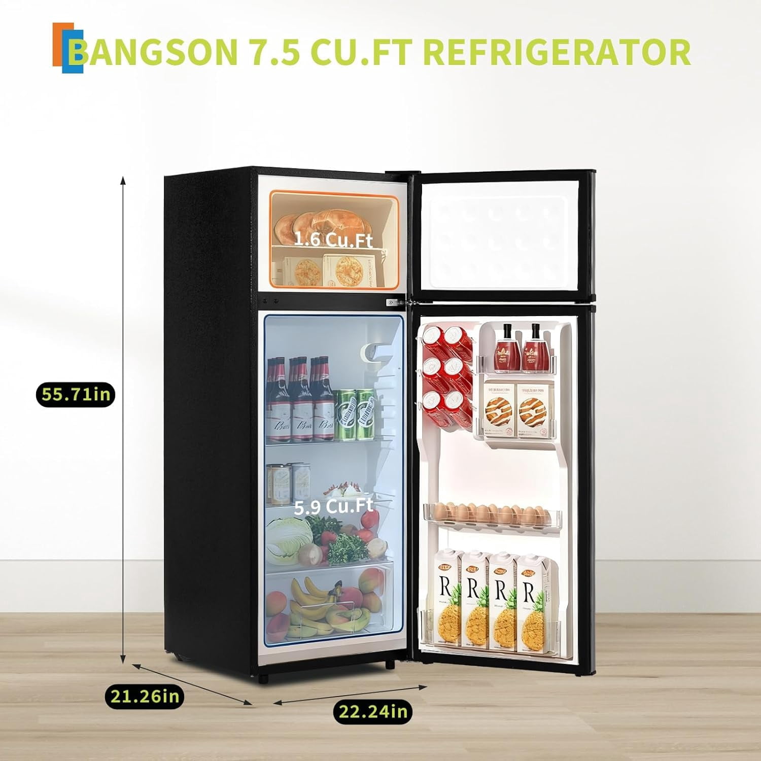 7.5 Cu.Ft Refrigerator with Freezer, 2 Door Fridge, 7 Settings Temperature Adjustable, Large Capacity, Food Storage or Cooling drinks,for Dorm, Office, Bedroom, Kitchen, Bar Use​