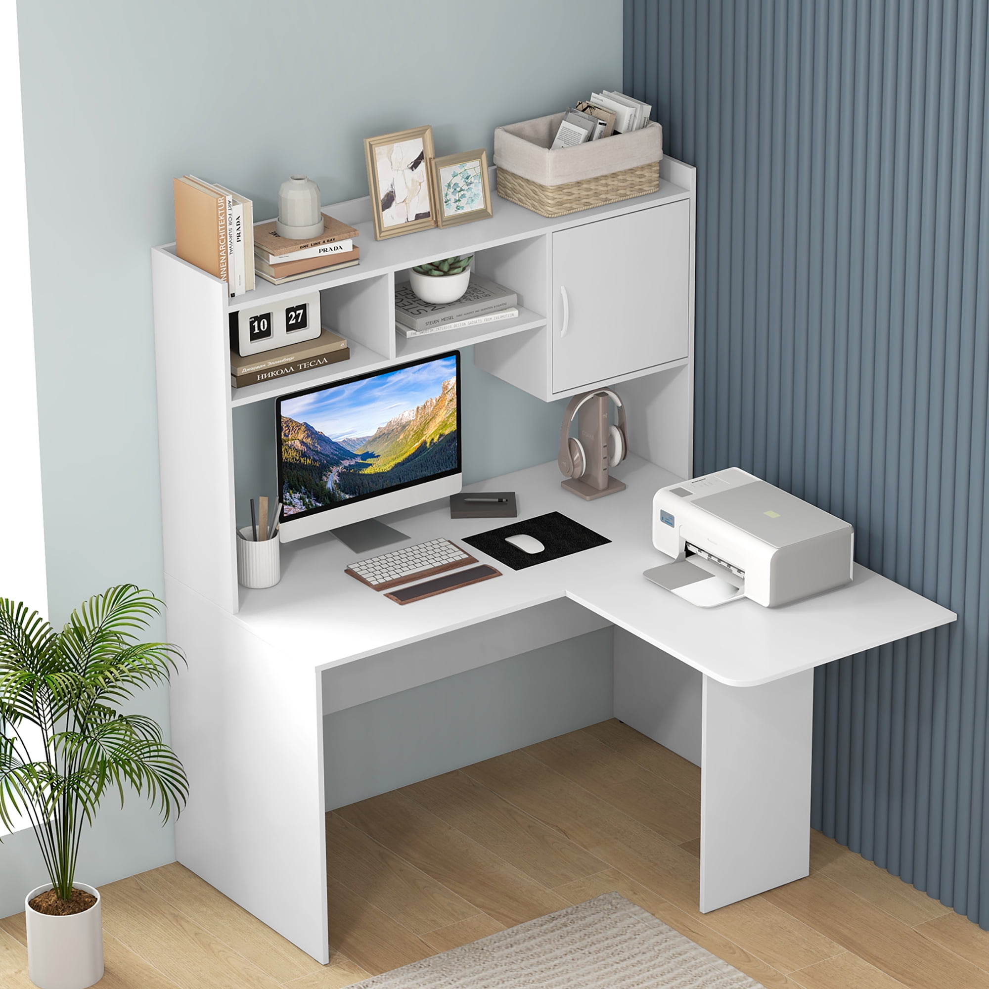 Gymax L-Shaped Desk w/ Open Storage Hutch Corner Computer Desk w/ Shelves & Cabinet