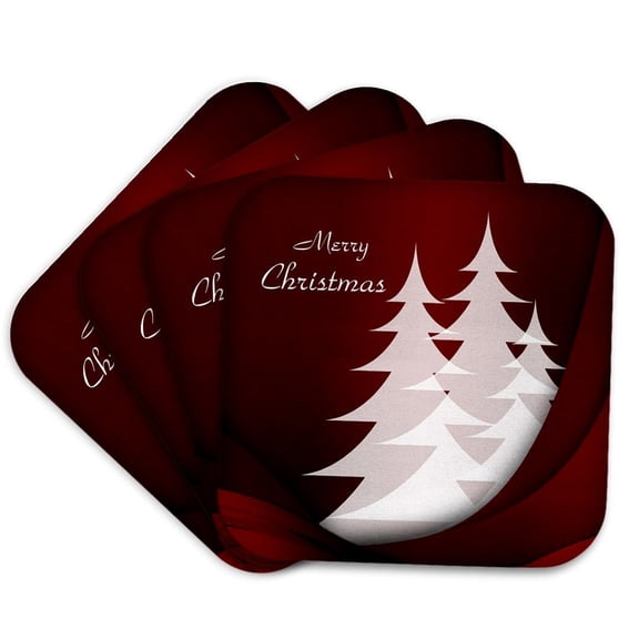 3drose, Image of Elegant White Christmas Trees on Red, Set of 4 Coasters - Soft