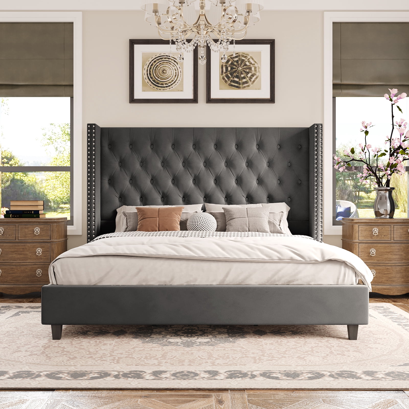 Merluxy King Size Platform Bed Frame Velvet Upholstered Bed Deep Button Tufted Wingback Headboard/Wood Slat Support/Easy Assembly/Dark Gray