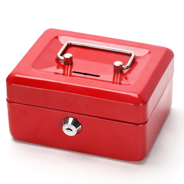 Cash Box with Slot for Kids, Decaller Small Money Box with Money Tray & Key Lock, 6 1/5" x 5" x 3", Red, QH1508XS