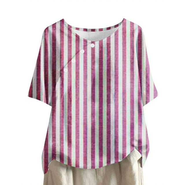 ameIAEA Women Short Sleeve Striped Shirts Round Neck Loose Tunic Tops Summer Button Blouses