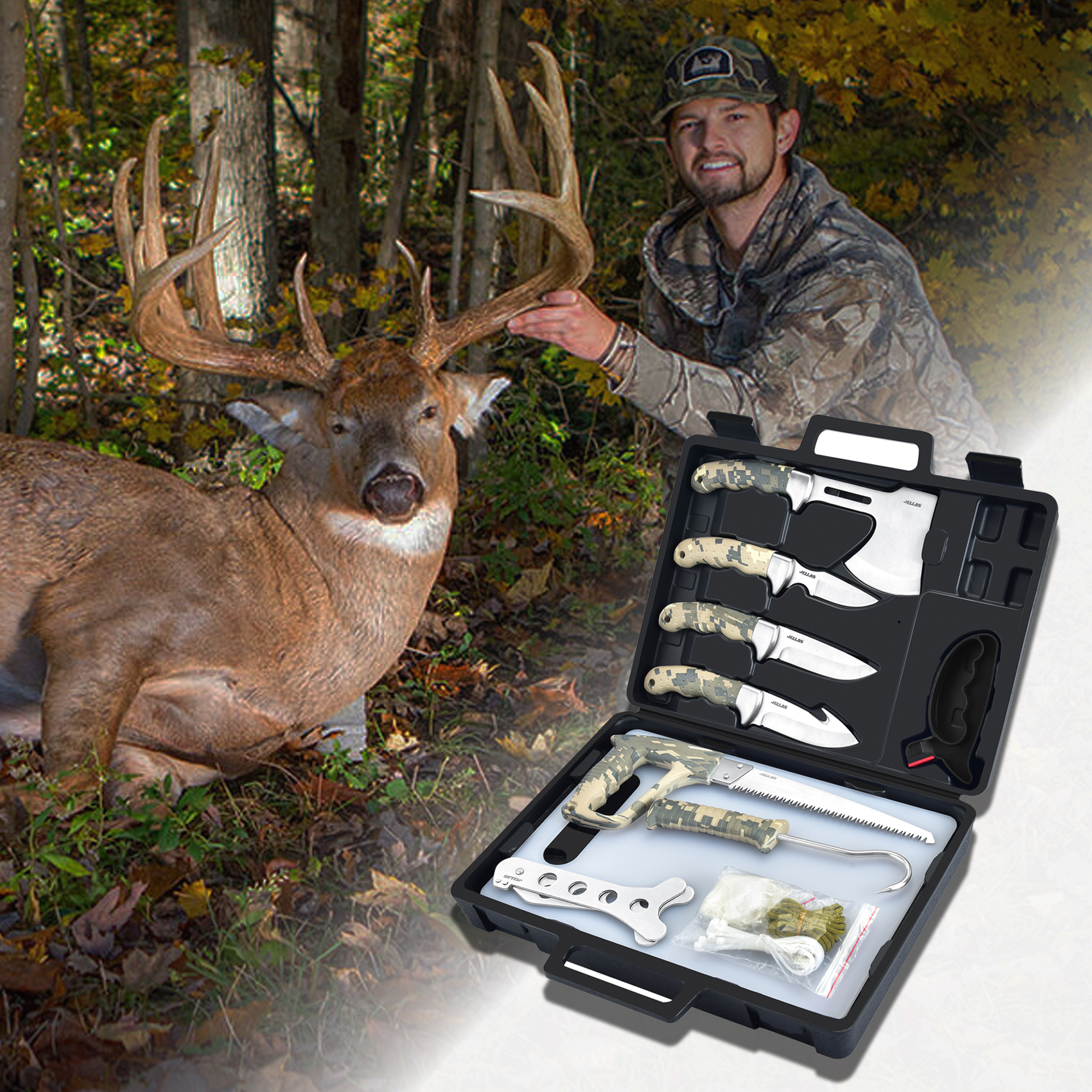 Jellas 14 Pieces Deer Hunting Knife Set with Storage Case, Butcher Kit, Fixed Blade Skinning Knife for Camping, Fishing