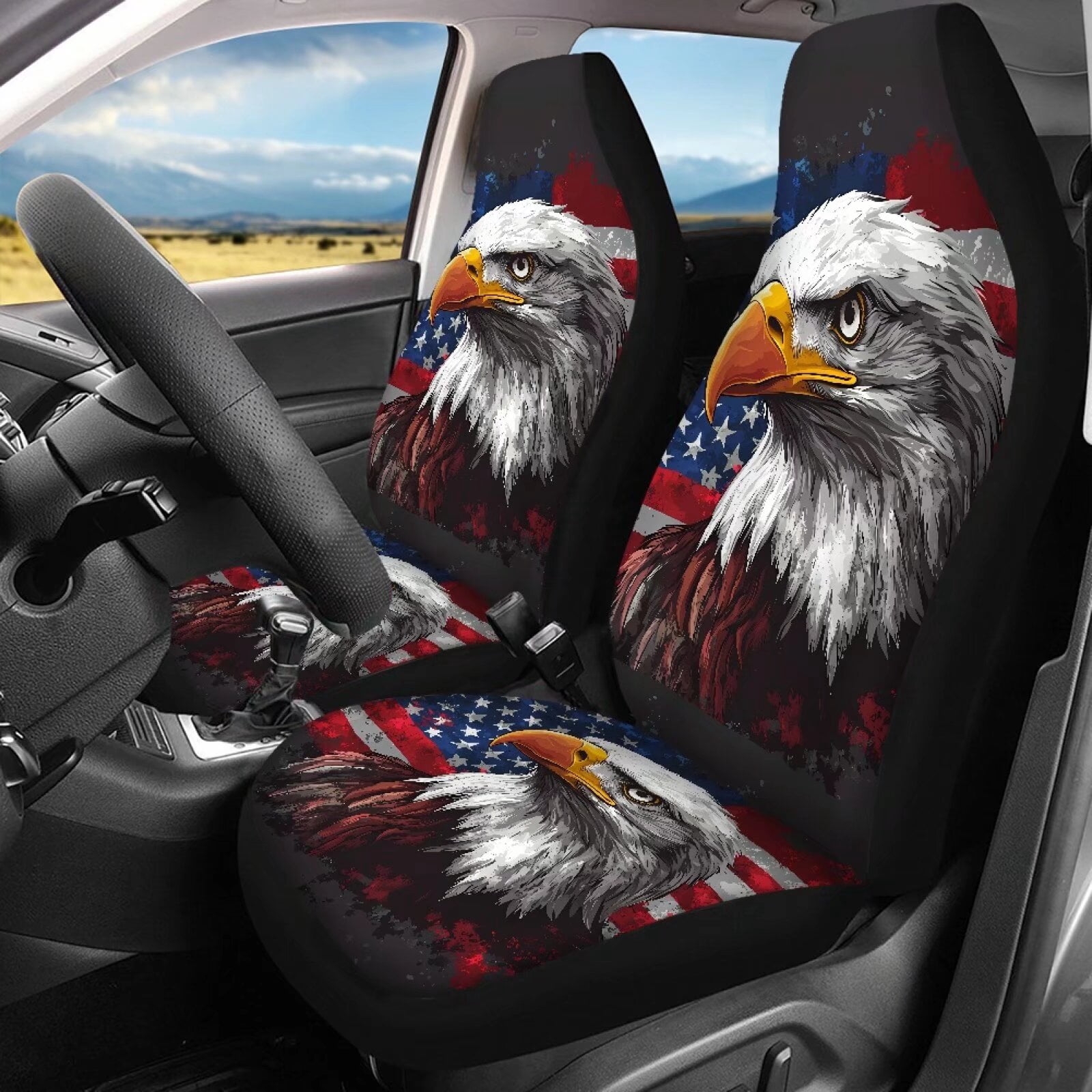 Pzuqiu American Flag Eagle Car Seat Covers Breathable Set Seat Cover Sets Full Front and Rear Seat Cover Set Auto Decor 4 Pack Universal Seat Covers for Cars for Cars Truck Universal Fit Set