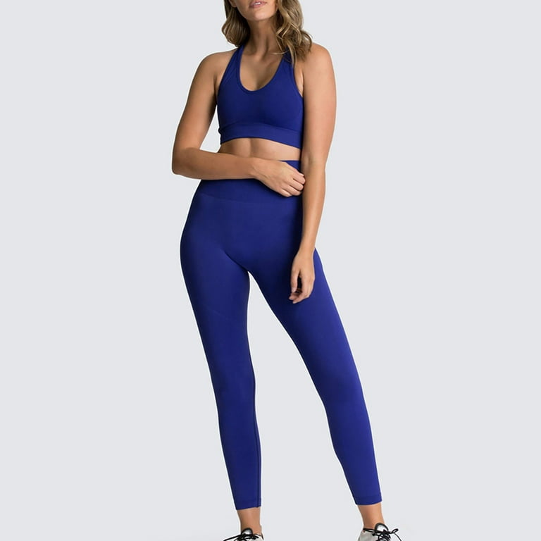 RQYYD Seamless Workout Set for Women Ribbed Raceback Sports Crop Tops High  Waist Yoga Leggings Outfits 2 Piece Solid Color Yoga Set Navy S