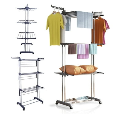 4-Tier Clothes Drying Rack w/ Casters,  Clothes Dryer Hanger Stainless Steel Garment Laundry Racks Movable with Foldable  Indoor Outdoor Bedroom Balcony