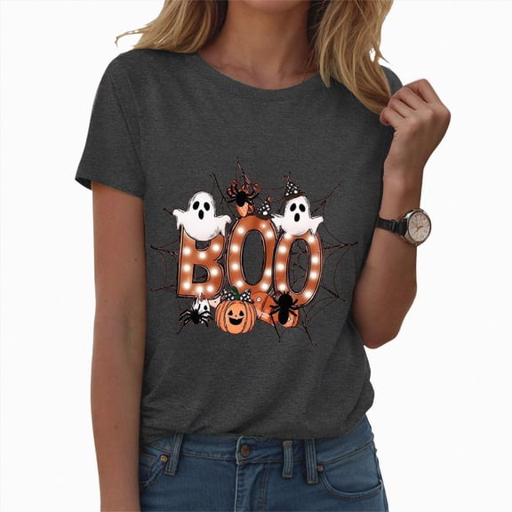 Kakishop Halloween Womens Shirt Halloween Pumpkin Face Graphic T-Shirt Womens Long Sleeve O-Neck Casual Tops Tees Shirt,Grey