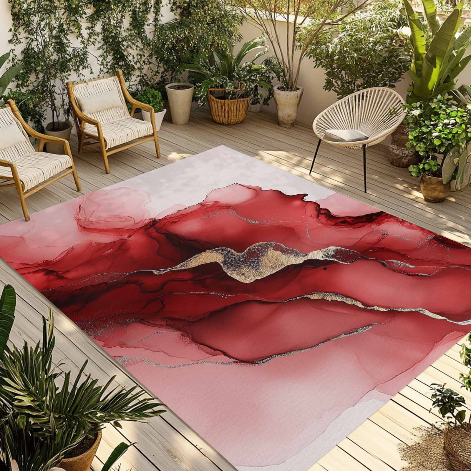 Outdoor Rug 5x8ft Abstract Ombre Red Marble Large Area Rug White Modern Art Indoor Outdoor Carpet Outdoor Rugs Mats for Patio Camping,RV,Front Door, Outside Decor