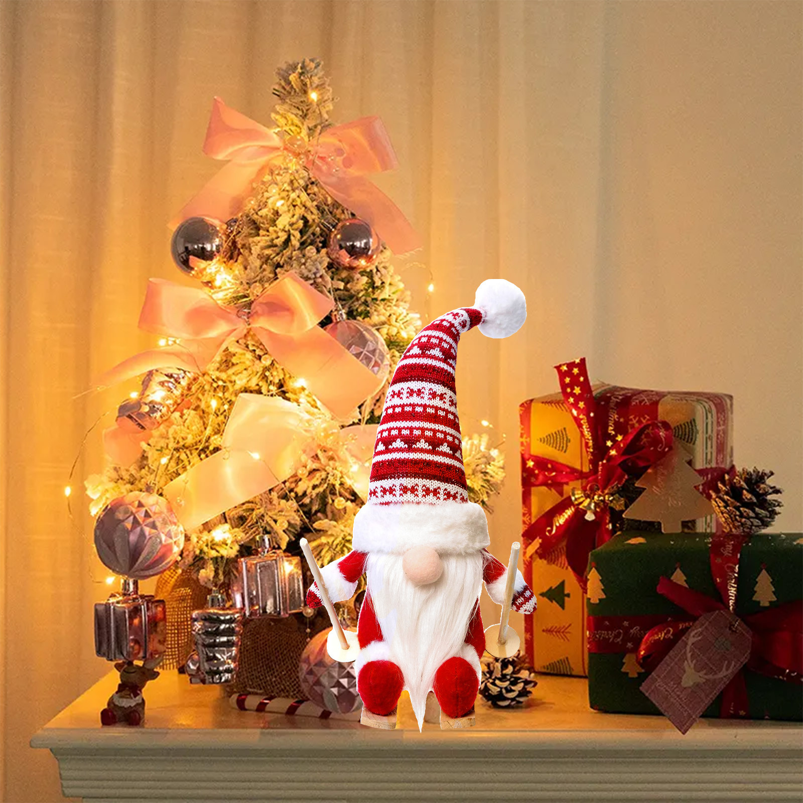 Poupée GNOME De Noël En Peluche - Décoration De Table Festive Chapeau Doré (27 Cm)