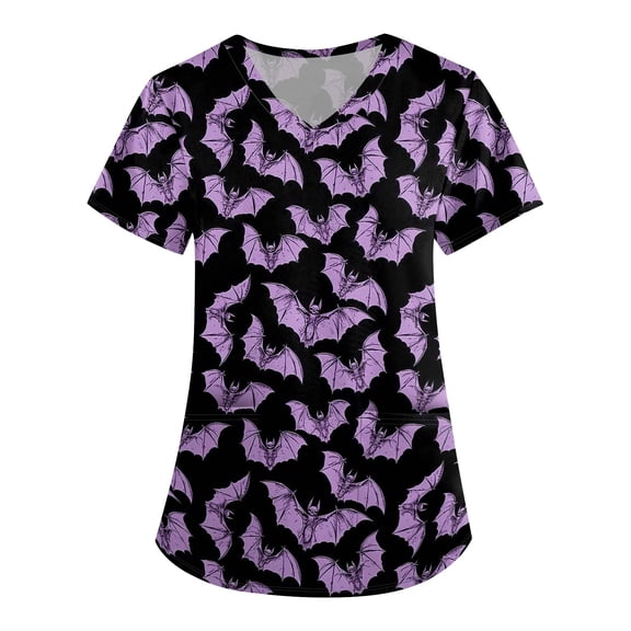 IYYVV Halloween Scrubs for Women Printed Plus Size Scrub Stretchy Nursing Uniforms Short Sleeve Shirt with Pockets Purple S