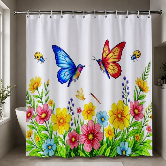 Gelasgo Hummingbird Butterfly Shower Curtain Polyester Fabric Waterproof Bathroom Curtains 72x72 Inch Floral Wildflower Decor