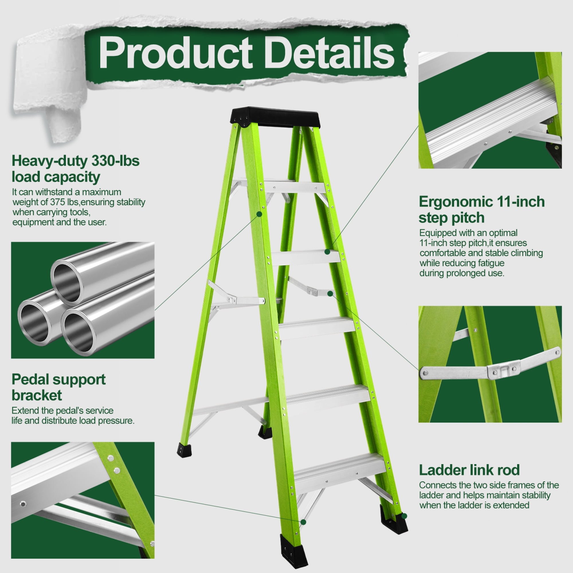 Leumius 3 Steps Fiberglass Ladder with a Load Capacity of 330 Pounds, Equipped with a Tool Tray for Electrical Engineering Ladder Structure Insulation Ladder Green