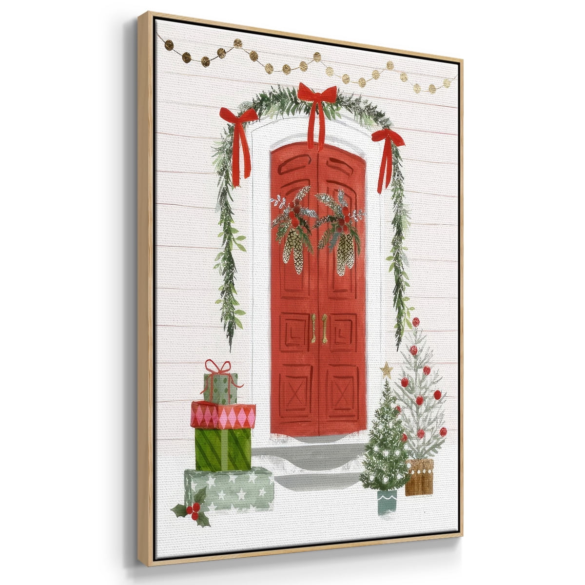 Festive Front Door II - Framed Gallery Wrapped Holiday Canvas - 25 x 37 - Natural Wood Frame