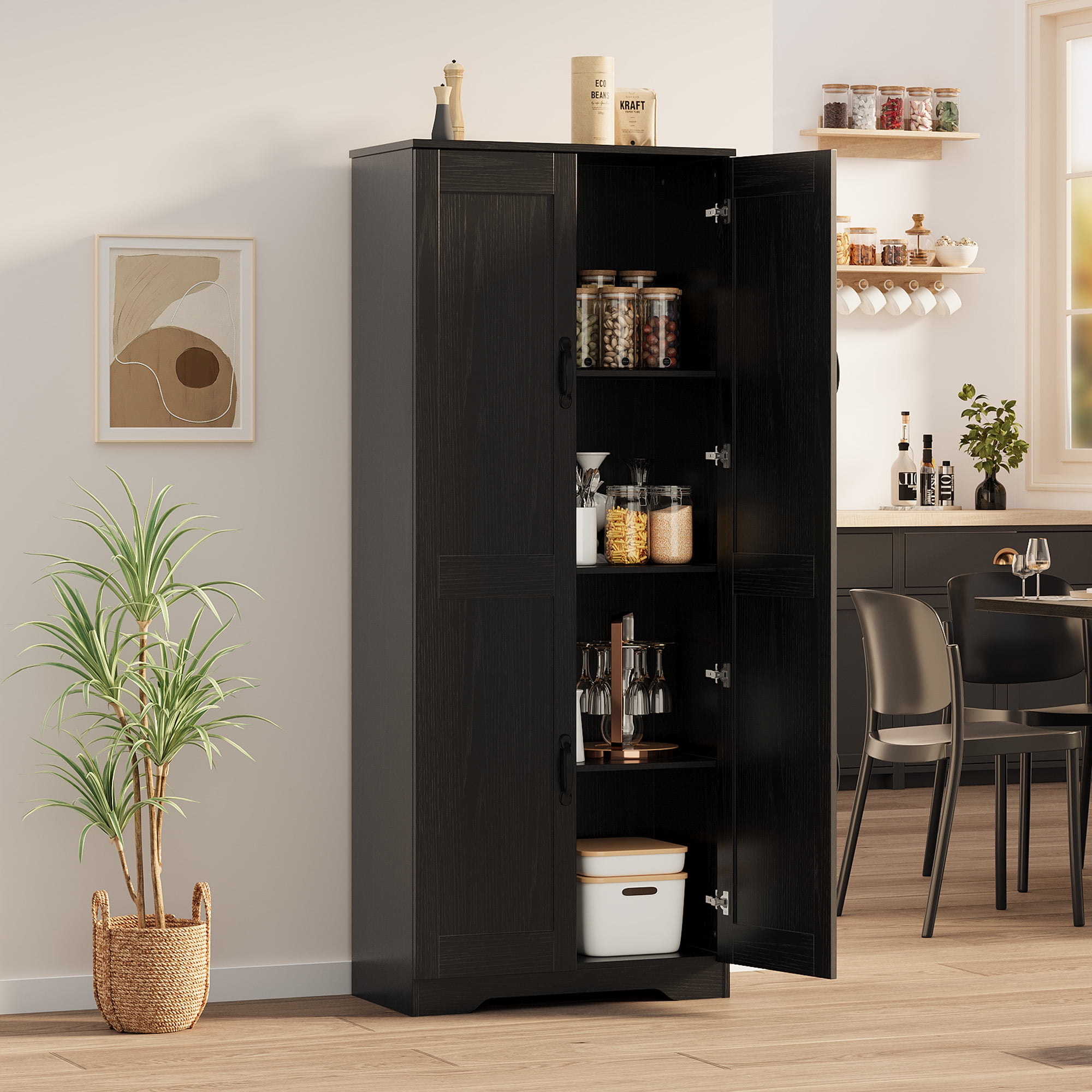 60" Freestanding Pantry Cabinet with Adjustable Shelves, Kitchen Storage Cabinet with Doors, Modern Food and Bathroom Organizer for Small Spaces, Dining Room