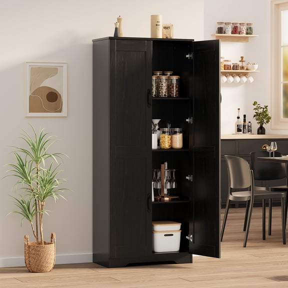 60" Tall Kitchen Storage Cabinet - with 2 Doors & Adjustable Shelves, Freestanding Cupboard Organizer for Dining Room, Bathroom, Living Room