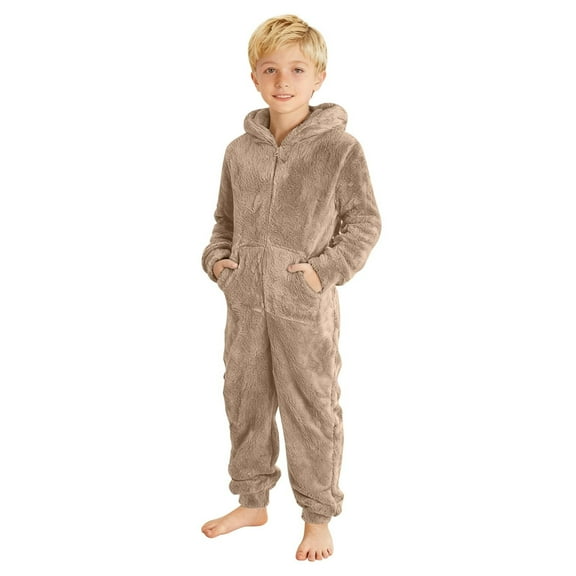 vdgthytj Kids Fleece Pajamas Jumpsuit Boys Warm Fuzz Romper One-Piece Cozy Zipper Hooded Sleepwear with Pockets