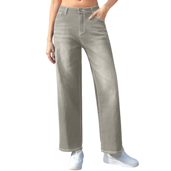 Alkepwun Stretchy Jeans for Women Casual Relaxed Distressed Topstitching Design Straight-Leg Pants with Pockets Cozy High-Waisted Versatile Jean