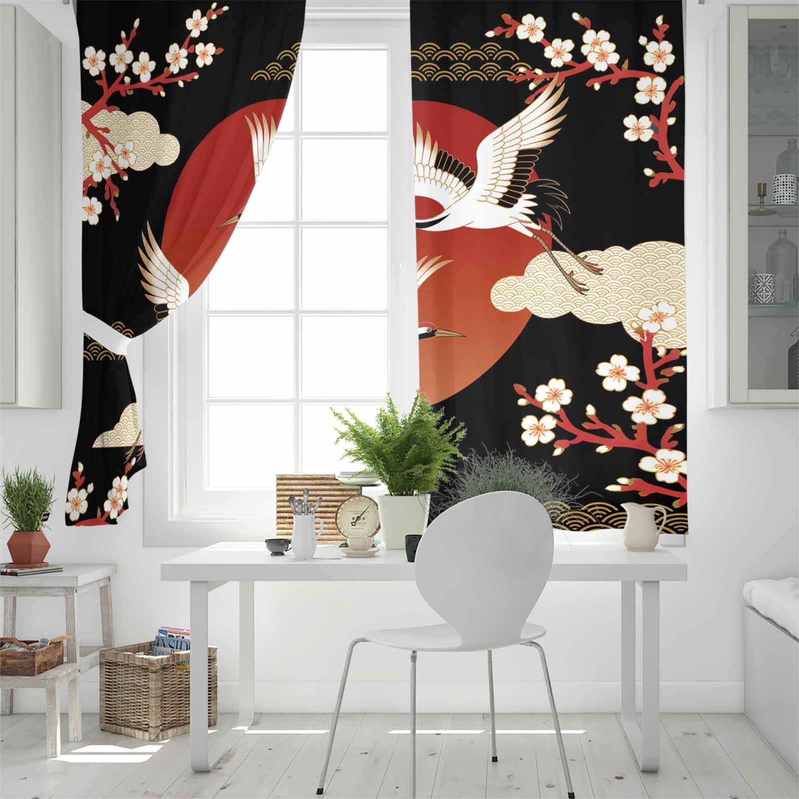 Japanese Style Blackout Curtains for Bedroom/Living Room, Thermal Insulated Kitchen Curtains, Modern Cranes Cherry Flower Wave Red Brown Grommet Darkening Window Treatment Drapes 42"x84"x2