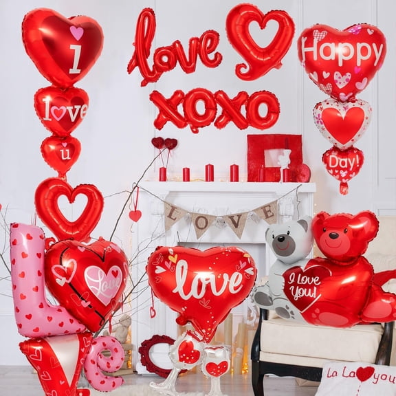 Valentines Day Balloons, I Love You Foil Balloons, Red Heart Shape Mylar Foil Balloon for Party Decorations