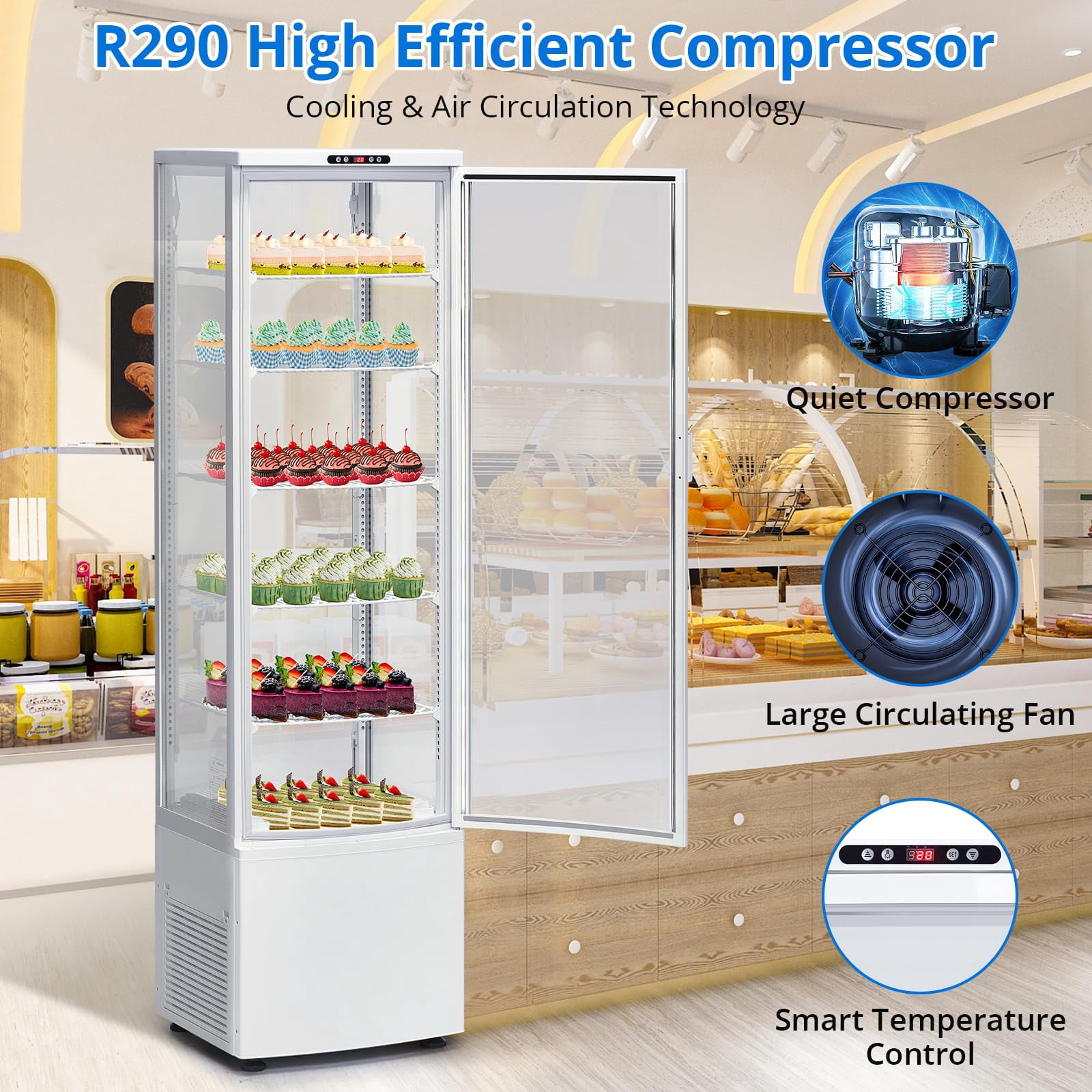 Litake Commercial Refrigerator Display Case, 10.9 Cu.FT Single-Door Countertop Pastry Display Case with Interior LED Lighting, Double-Layered Glass, Countertop/Floor Refrigerator, 110v
