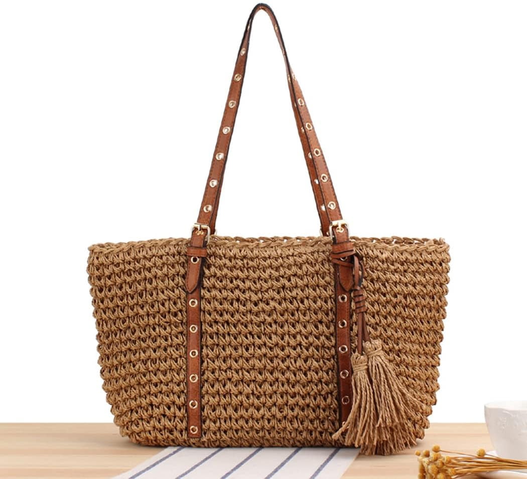 LinYooLi Fashion One Shoulder Straw Bag Paper Rope Tassel Crochet Hand Knit Bag Fashion Beach Women's Bag